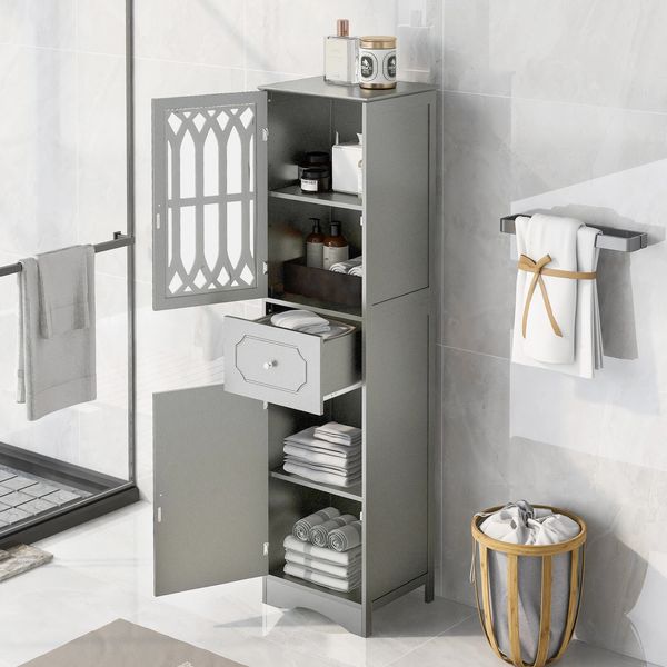 Lavabos de salle de bains, armoire haute de rangement autoportante avec tiroir et portes, panneau MDF, porte en acrylique, étagère réglable, gris 231204