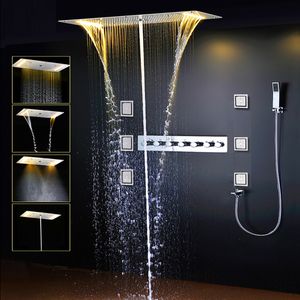 Sistema de ducha de baño moderno Juego de ducha de lluvia LED electrónico de 5 funciones Cabezal de ducha montado en el techo cascada lluvia columna brumosa 4