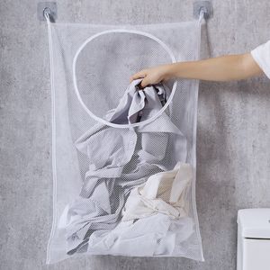Bathroom Storage Hanging Laundry Basket Bag Mesh Breathable Comes with 2 Free Hooks Hangings on the Door Saving Space Bathroom Laundrys Baskets White WH0379