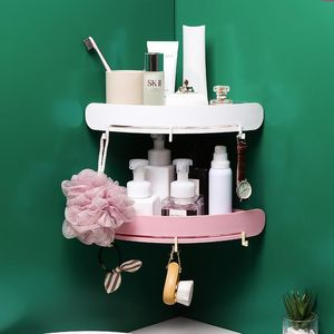 Badkamer opslag organisatie hoek zuignap houder wandmontage toiletartikelen rechthoek punch-free shelf mand met multifunctionele haken