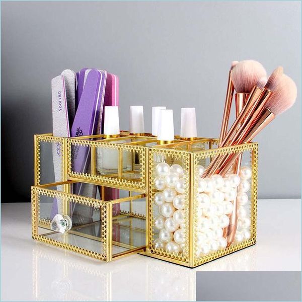 Organisation de stockage de salle de bain Organisateur de maquillage en verre Cosmétique avec boîte à crayons Golden Ered Edge par outils Rouge à lèvres Drop Livraison 2021 Dhy6O