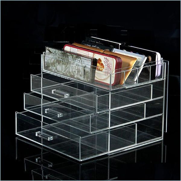 Baño Almacenamiento Organización Caja de maquillaje Acrílico transparente Escritorio Maquillaje Organizador Claro para cosméticos con 3 Ders Drop Delivery Dh2Ke