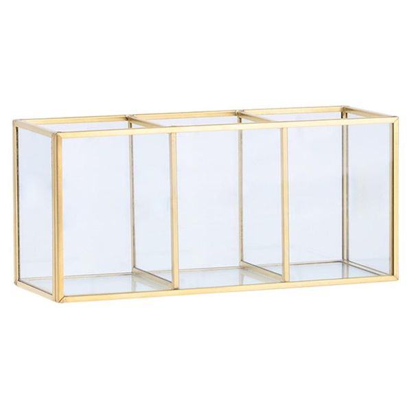 Organisation de stockage de salle de bain Nordic Gold Grid Glass Flip Tank Box Luxury Modern Cosmetics Container Micro-Landscape Flower Room B