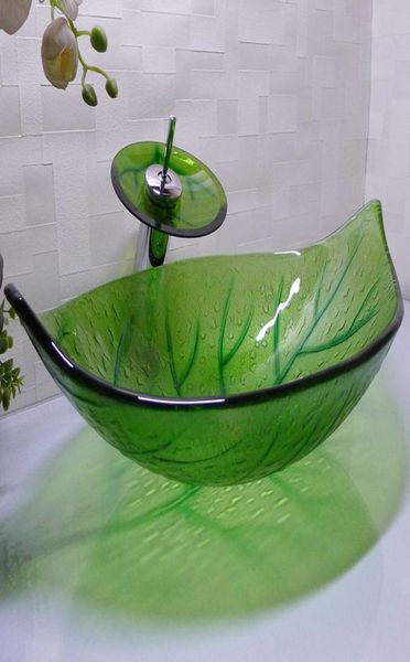 Salle de bain en verre trempé à main le comptoir à la main bassin à forme à feuilles Basins de lavage de lavabo shampooing shampooing hx0155410668