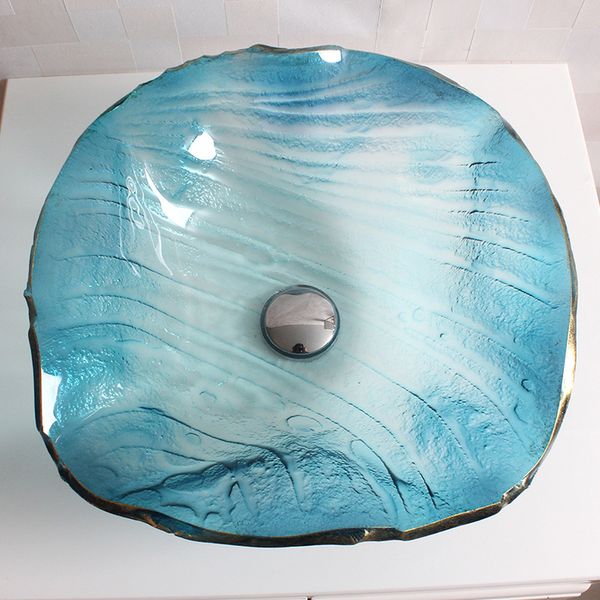 Baño de vidrio templado de vidrio azul Mediterráneo sobre cuenca de la cuenca de arte de forma individual Lava de lavado LO612549