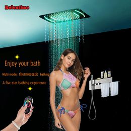 Panneau de douche thermostatique dissimulé pour salle de bains, avec étagère à serviettes, buse à quartz en cristal, lumière LED, pomme de douche au plafond, cascade de pluie JJ5301