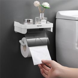 Soporte de papel higiénico para baño Estante de almacenamiento de papel en rollo montado en la pared Soporte de tejido multifunción con almacenamiento de teléfono móvil 210811