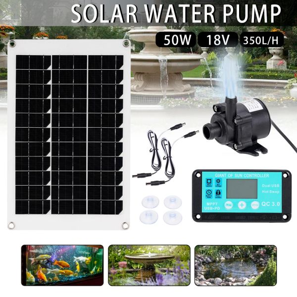 Baños 50W 350L/H Mini bomba de agua solar sin escobillas DC 12V Panel solar Controlador de carga solar Estanque ultra silencioso Kit de jardín Acuario