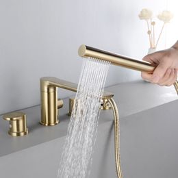 Bad Kraan Wijdverspreide Bad Wastafel Mengkraan Geborsteld Goud/Zwart Messing Badkamer Bad Douche Kraan Met Hand douchekop