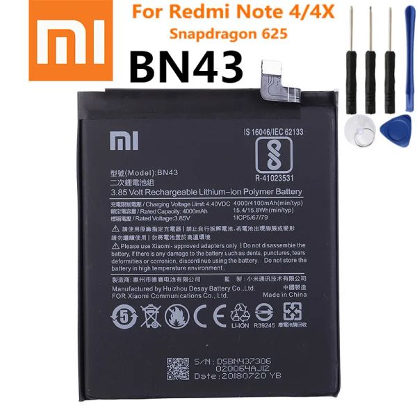 Batteries 100% Original Xiaomi Redmi Note 4 4x 4 x 4100mAh BN43 pour Xiaomi Global Snapdragon 625 Battery Baterie Bateria Smart Phone