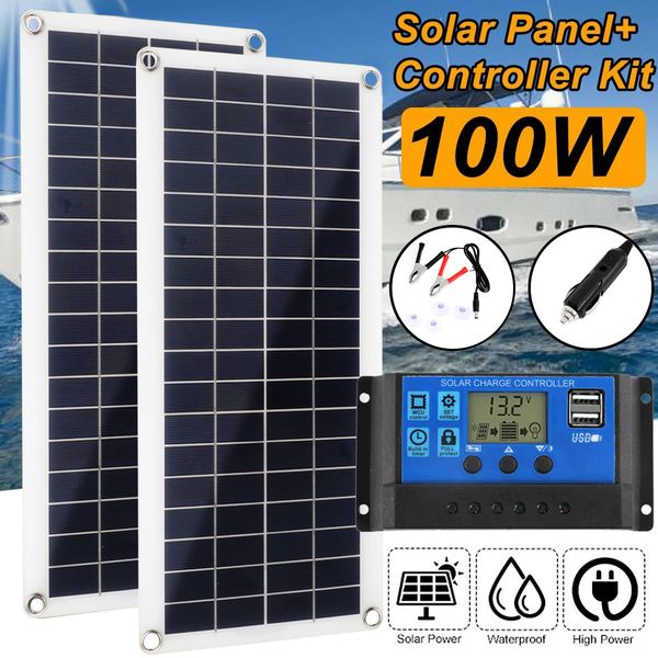 Batteries 100W Kit de panneaux solaires double 12V USB avec 30A60A contrôleur cellules Poly pour voiture Yacht RV chargeur de batterie 230715
