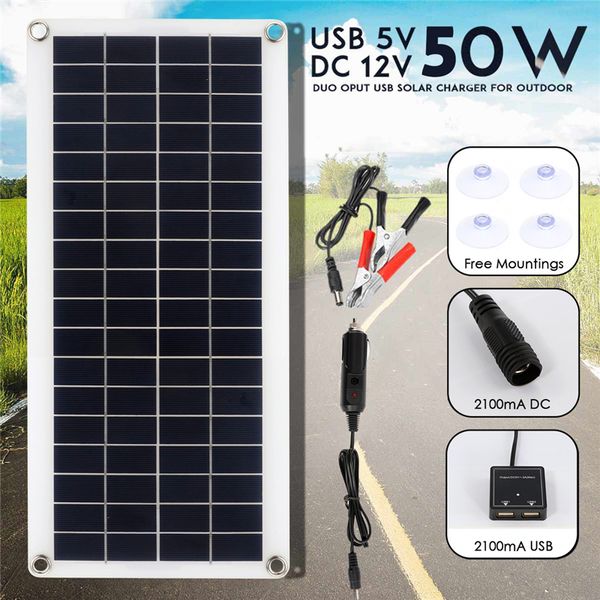 Baterías 50W Panel solar 12V Monocristalino USB Power Portable Outdoor Cell Car Ship Camping Senderismo Viaje Cargador de teléfono 230715