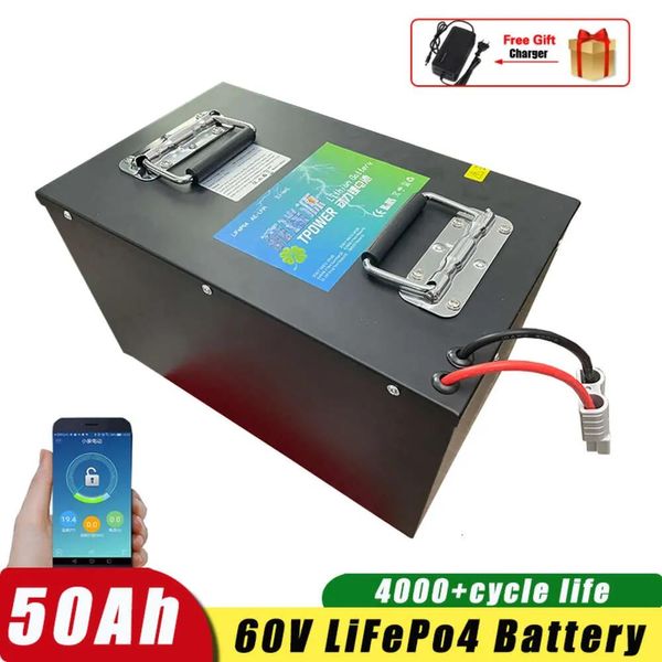 Batteries 60V 50AH LIFEPO4 PACK PACK BUTHIDE BMS BMS Metal Case non plomb Acid pour RV EV MOOT ELECRTric Bike 1800W 3000W MOTEUR + 5A CHARGE