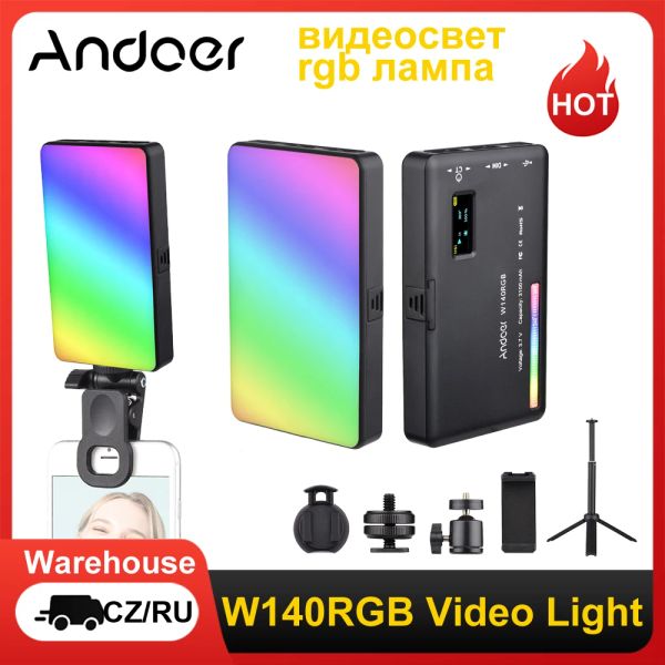 Baterías Andoer W140 RGB Video LED LIPH LACE Fotografía Luz de relleno CRI95+ 25009000K Dimmable 20 Efectos de iluminación Pantalla LCD Zapato frío