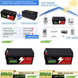 Batteries Aunen 12V Lithium Ion Batterie Phosphate 12V100Ah 12V200Ah 12V300Ah Lifepo4 Pack Chariot de golf Chariot élévateur électrique Livraison directe El Dhwve