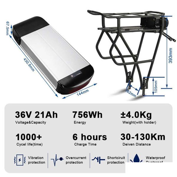 Baterías Cell Rack trasero 48V Ebike Batería de iones de litio Bicicleta eléctrica Paquete de baterías recargables 36V 20Ah 52V13Ah 750W Entrega de caída Ele Dhha4