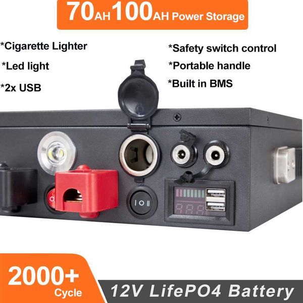 Batería 12V Lifepo4 Recargable 100Ah Iones de litio 70AH Almacenamiento de energía fuera de la red para productos electrónicos al aire libre Suministro de energía