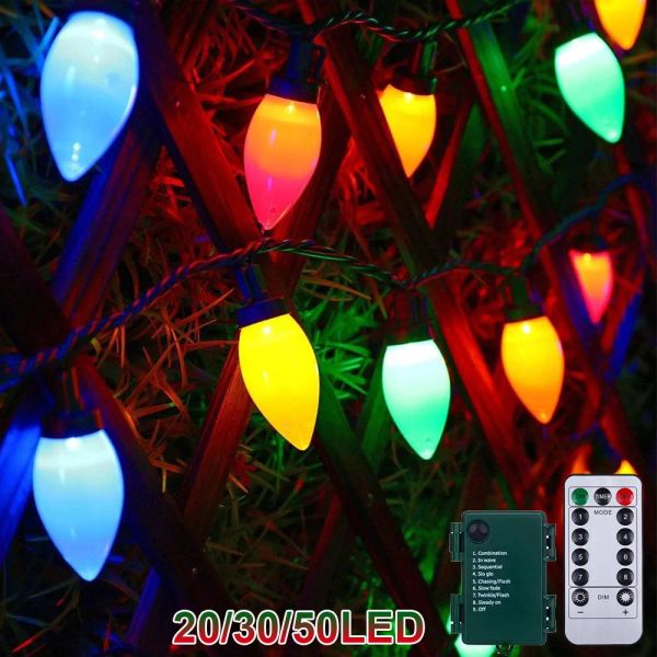 Batterie C7 Bulbes de Noël Lumières à télécommande LED Strawberry Garland Fairy Lights Outdoor Lighting Osmas Tree Decor