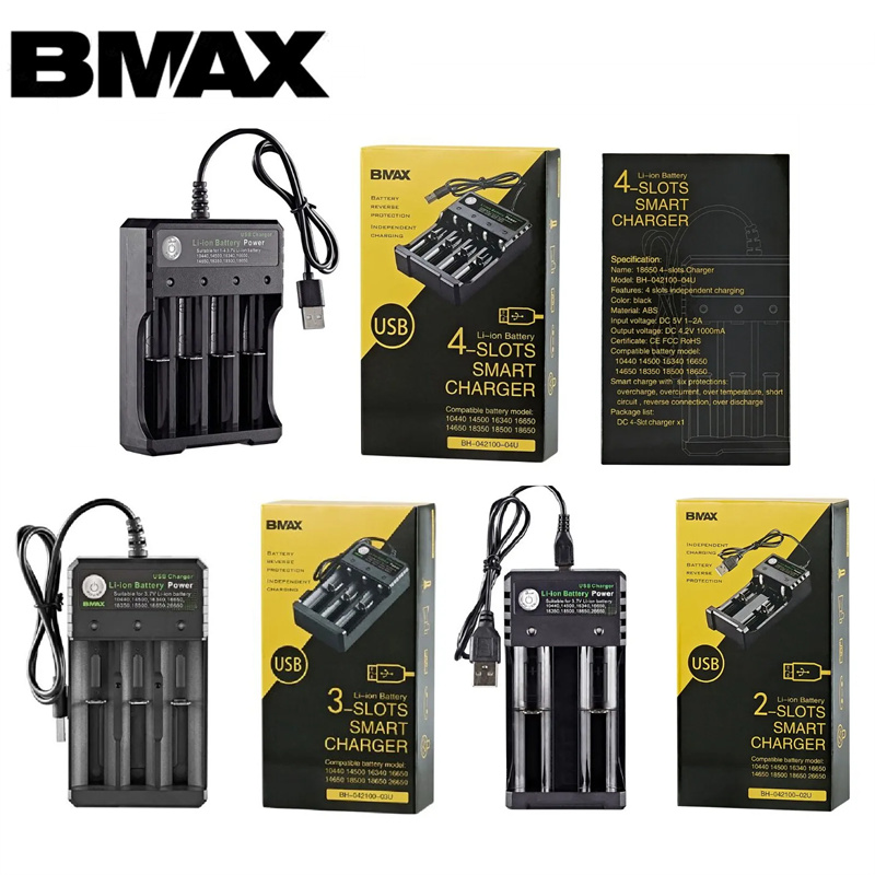 Carregador de bateria BMAX com três ranhuras, carregador de bateria de lítio USB 3.7V adequado para baterias 18650 14500 16340 18350 18500