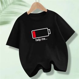 Battery Energy Low Help Me Camiseta impresa para niños Harajuku Camiseta divertida Tops de verano para niños Tops 240517