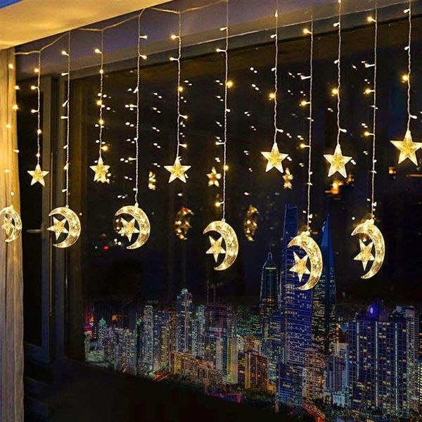 Batería operada 2 5m 138leds Luna de cortina de estrella Luces de cuerda Ramadan Decoraciones Lámpara de guirnalda para la boda de fiesta de Navidad Y200903295S