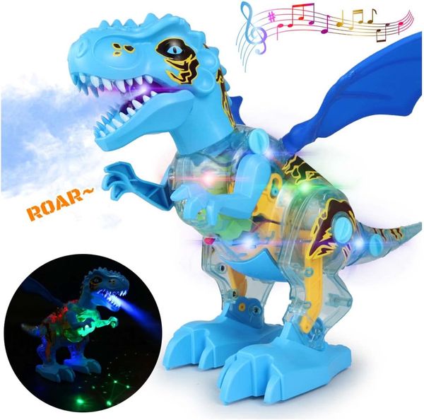 Juguetes de dinosaurios que caminan con pilas, juguete de dinosaurio en aerosol con música ligera, sonido rugiente, juego de desmontaje, equipo transparente