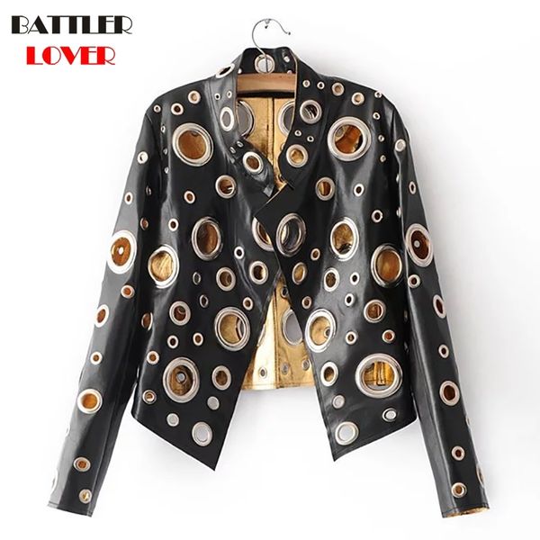 BATTLERLOVER Femmes Veste En Cuir Veste D'hiver Femmes Patché Rivet De Luxe Conception Hip Hop Biker Veste jaqueta de couro feminino 201030