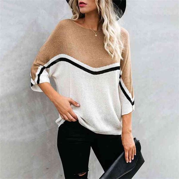 Batwing Manches Contraste Couleur Stripe Bandwork Trois quarts T-shirt Femmes Casual Casual Knitting Tops Tee shirts 210603