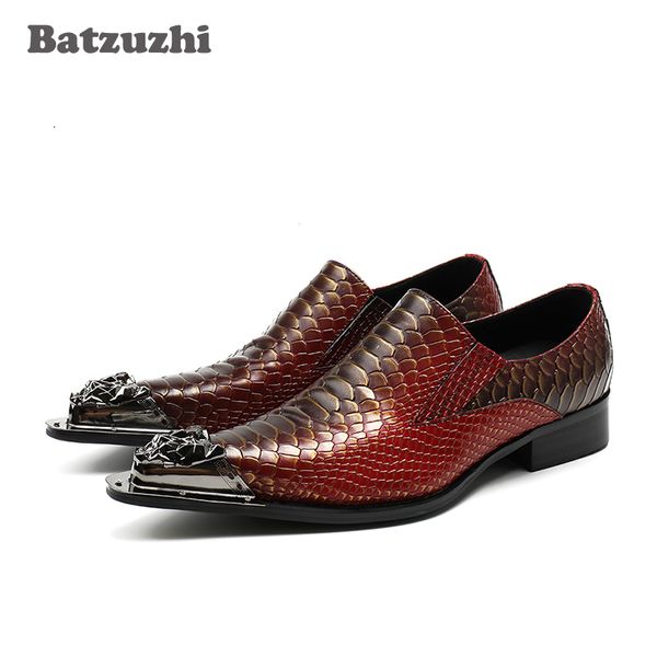 Zapatos Punk con punta de Metal plateado para Hombre 2018, recién llegados, Zapatos de cuero genuino para hombres, Zapatos de vestir para hombres, zapatos de boda para fiesta de pitón rojo vino para hombres