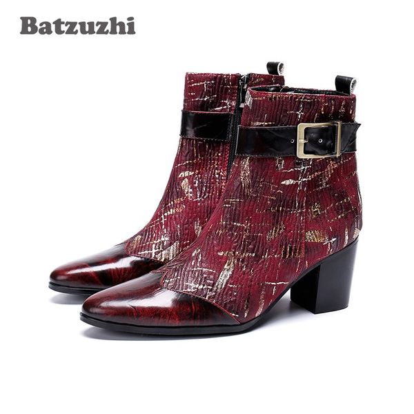 Batzuzhi 7 cm talons hauts hommes bottes vin rouge/noir fête et mariage bottines hommes bout pointu Botas Hombre, grandes tailles 38-46