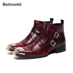 Batzuzhi, botas de moda para hombre, botas de cuero de lujo con punta de hierro dorado para hombre, hebillas de tobillo, botas rojas para vestido de boda para fiesta, chaussure homme