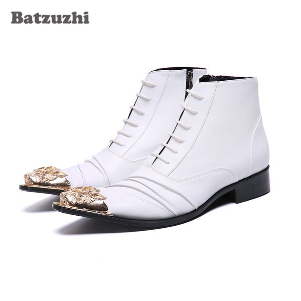 Batzuzhi Botas de moda para hombre Botas de tobillo de cuero genuino con punta de hierro dorado Botas de vestir de boda blancas con cordones Botas de negocios hombre, 12