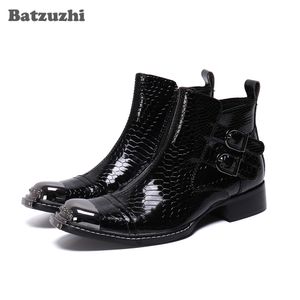 Batzuzhi Mode Mannen Laarzen Luxe Zwart Leren Enkellaarzen Vierkante Teen Metalen Tip Zakelijke Lederen Laarzen Bota Masculina, Maat 46