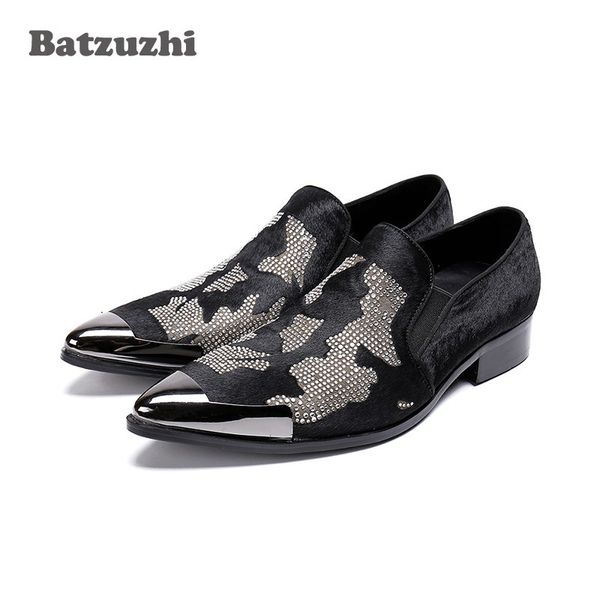 Batzuzhi Zapatos Erkek Ayakkabi hechos a mano para hombre, gorra de metal, zapatos de vestir de cuero negro, zapatos de fiesta de negocios negros con pelo de caballo para hombre, US12