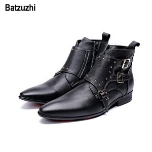 Batzuzhi Koreaanse Type Mode Mannen Schoenen Laarzen Herfst Winter Zwart Lederen Enkellaarzen Mannen Puntschoen Gespen Zapatos de Hombre