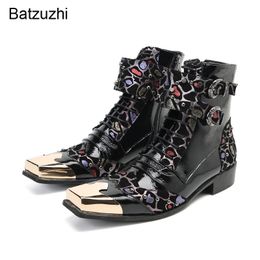 Batzuzhi nouveaux hommes bottes chaussures or métal orteil noir en cuir véritable bottines hommes à lacets Zip moto, fête, bottes de mariage pour hommes