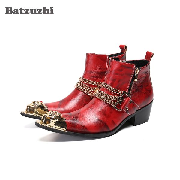 Batzuzhi Western Cowboy hommes bottes en cuir rouge bottines bout pointu 6.5 cm rouge fête et robe de mariée bottes Botas Hombre