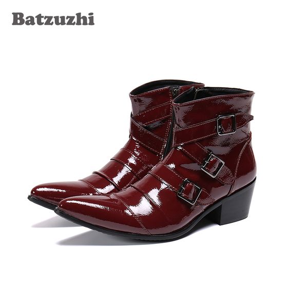 Batzuzhi Western Cowboy hommes bottes vin rouge en cuir véritable bottines hommes Botas Hombre moto, robe de soirée bottes en cuir