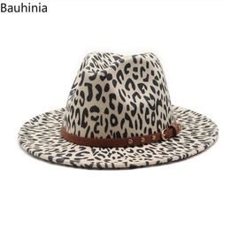 Bauhinia Women Fashion Vintage Brim Hard Filt Fedora Hat Leopard Print Cap Band Decor Trilby Panama Formal Hats247T