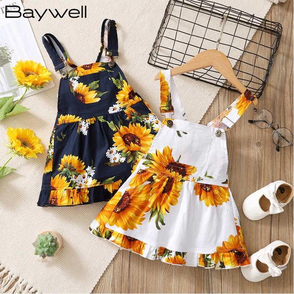 Baywell Enfants Toddler Bébé Fille Robe Enfants Filles Tournesol Floral Sangle Réglable Poche Jarretelles Robes Vêtements Tenues Q0716