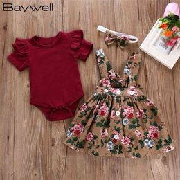 Baywell zomer baby meisje kleding set korte mouw flare romper + bloemen print jurk + boog hoofdband baby meisjes kleding outfit 210816