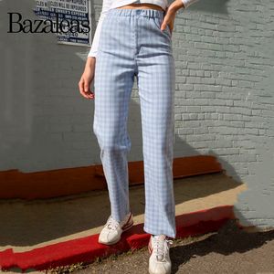 Bazaleas mode coton pantalon droit Chic Plaid pantalon rétro pantalons longs Streetwear Tartan bleu Patchwork femmes pantalon T200422