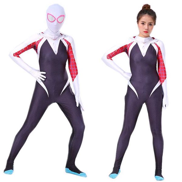 Bazzery Spider Gwen disfraz Stacy Cosplay Sudadera con capucha Zentai en el Spider-Verse adultos niños mono traje de piel Halloween Cosplay G0925