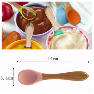 Bbamboo manija aby cuchara silicona vajilla infantil auxiliar vajilla niños mango de madera niños entrenamiento cucharas de cocina cocina accesorios