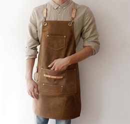 Barbq Canvas Apron Bib de cuero Chef Kitchen for Women Men Barista Bartender Pockets Home Barber Cook Coffee Restaurant LJ2008158512351