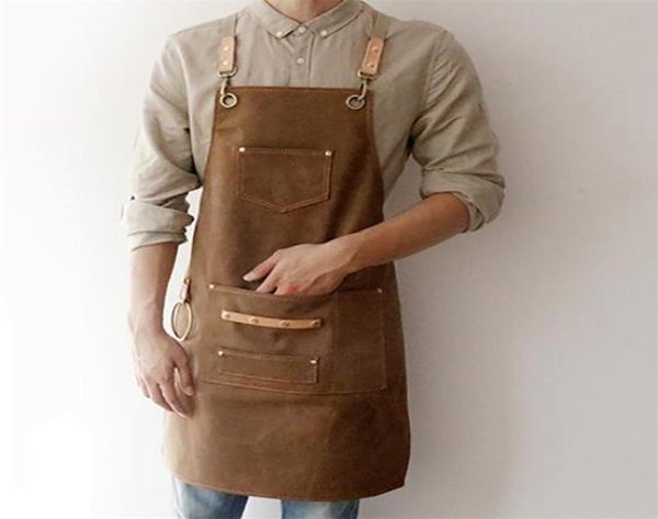 BBQ Canvas tablier Bib Leather Chef Kitchen For Women Men Barista Bartender Pockets Home Barber Cook Coffee Restaurant LJ2008156599032