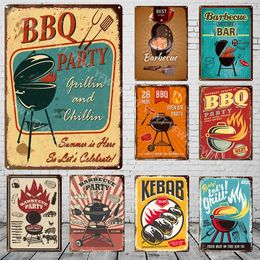 BBQ Grill Metal Poster Family Dinner Plaque Metal Vintage Hamburger Tin Sign Restaurant Wall Decor for Kitchen Cafe Diner Bar Burger Metal Signs Funny Painting w01