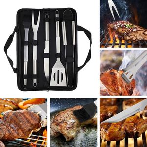 Juego de Herramientas para parrilla de barbacoa, herramientas para asar a la parrilla de acero inoxidable, utensilios de cocina para acampar al aire libre, Kit de accesorios para parrilla de barbacoa con bolsa