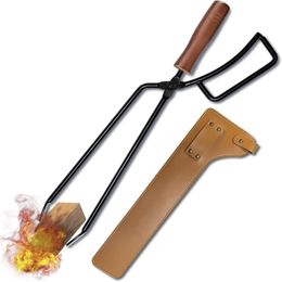 Barbecue Grills Barbecue Charcoal Clip Fer Bois Poignée Anti Brûlure avec Couverture En Cuir Camping En Plein Air Bonfire Poêle Cheminée Feu Pinces 230704