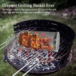 BBQ Grills Mand Roestvrij Staal Rollend Grillen Gaas Cilinder Grill Draagbare Ronde Outdoor Camping Barbecue Rack dsfrw230706